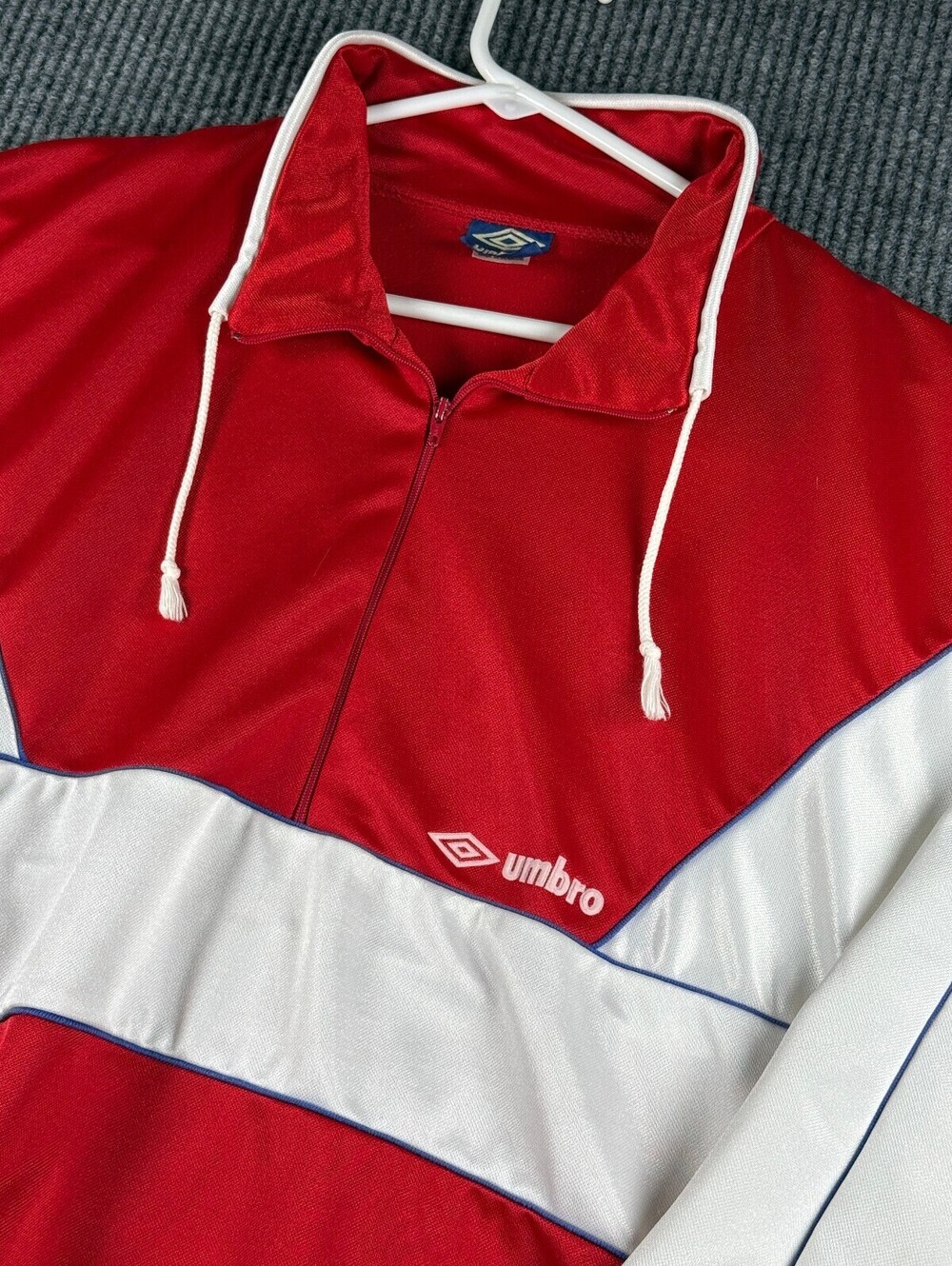 Vintage 1980's Umbro Track Jacket Mens L Made In Demark Red White Blue Polyester